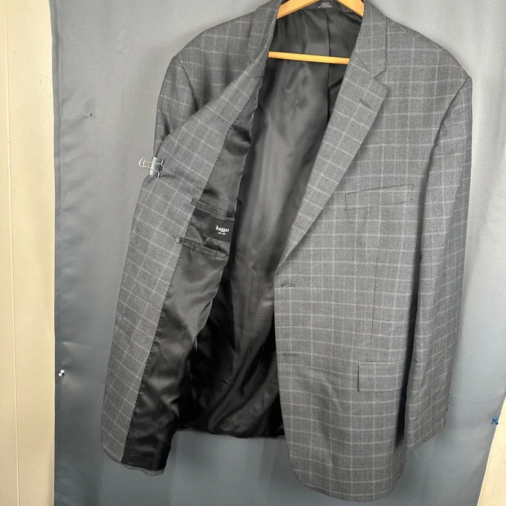 Haggar Mens Grey Windowpane Plaid Two Button Blazer Sport Coat 48L 1006337